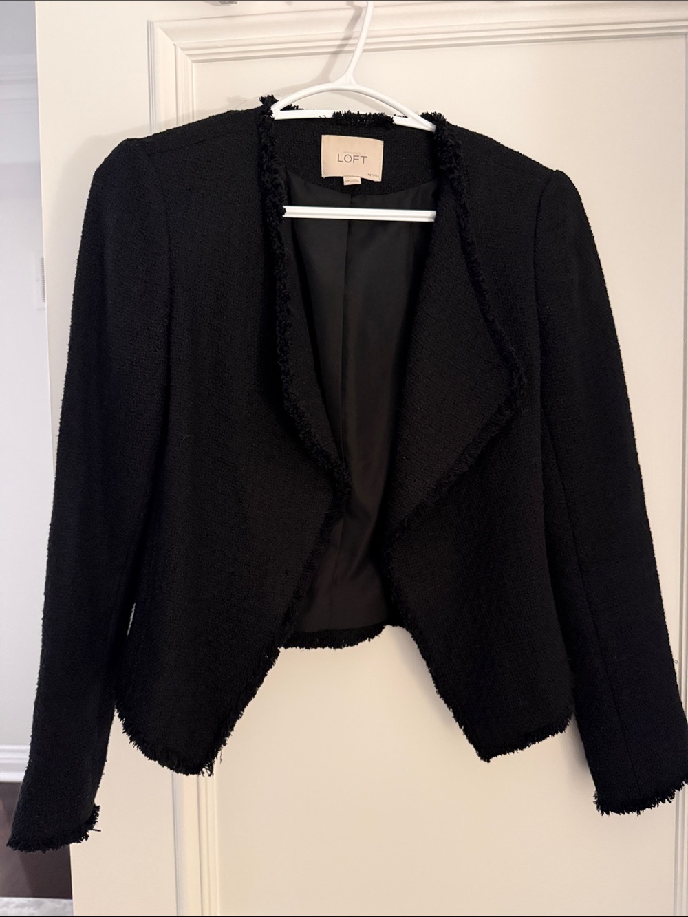 Petite LOFT Black Frayed Open-Front Cropped Tweed Blazer